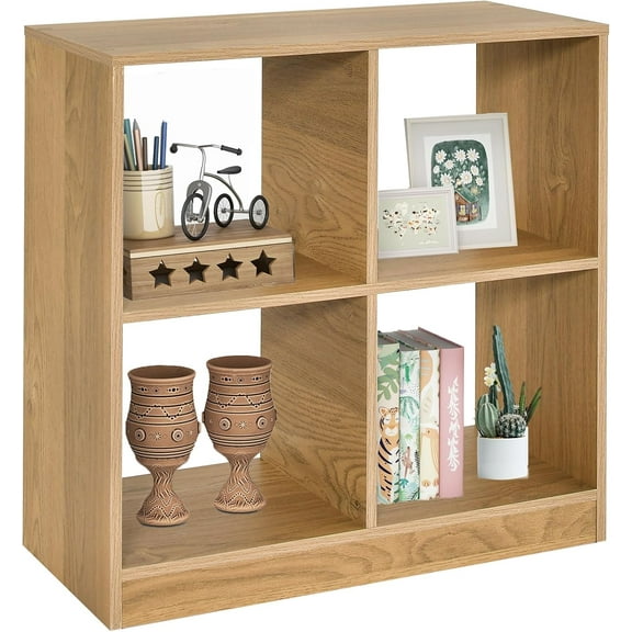 4 Cube Storage Organizer, Open Bookcase with Base, 2 Tier Small Bookshelf for Small Spaces, Wooden Display Shelf for Living Room, Bedroom, Study (Natural, 4 Cube)