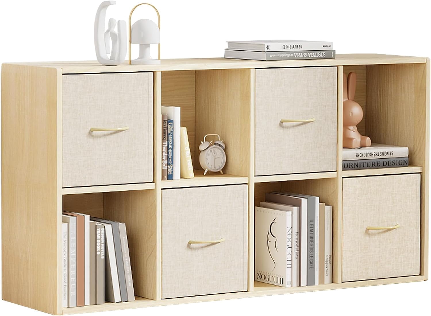 4 Cube Storage Organizer - Solid Wood Bookshelf with 2 Storage Bins, Cube Shelf with 2 Removable Back Panels, Vertical or Horizontal Bookcase, Open Book Shelf for Bedroom, Living Room, Office