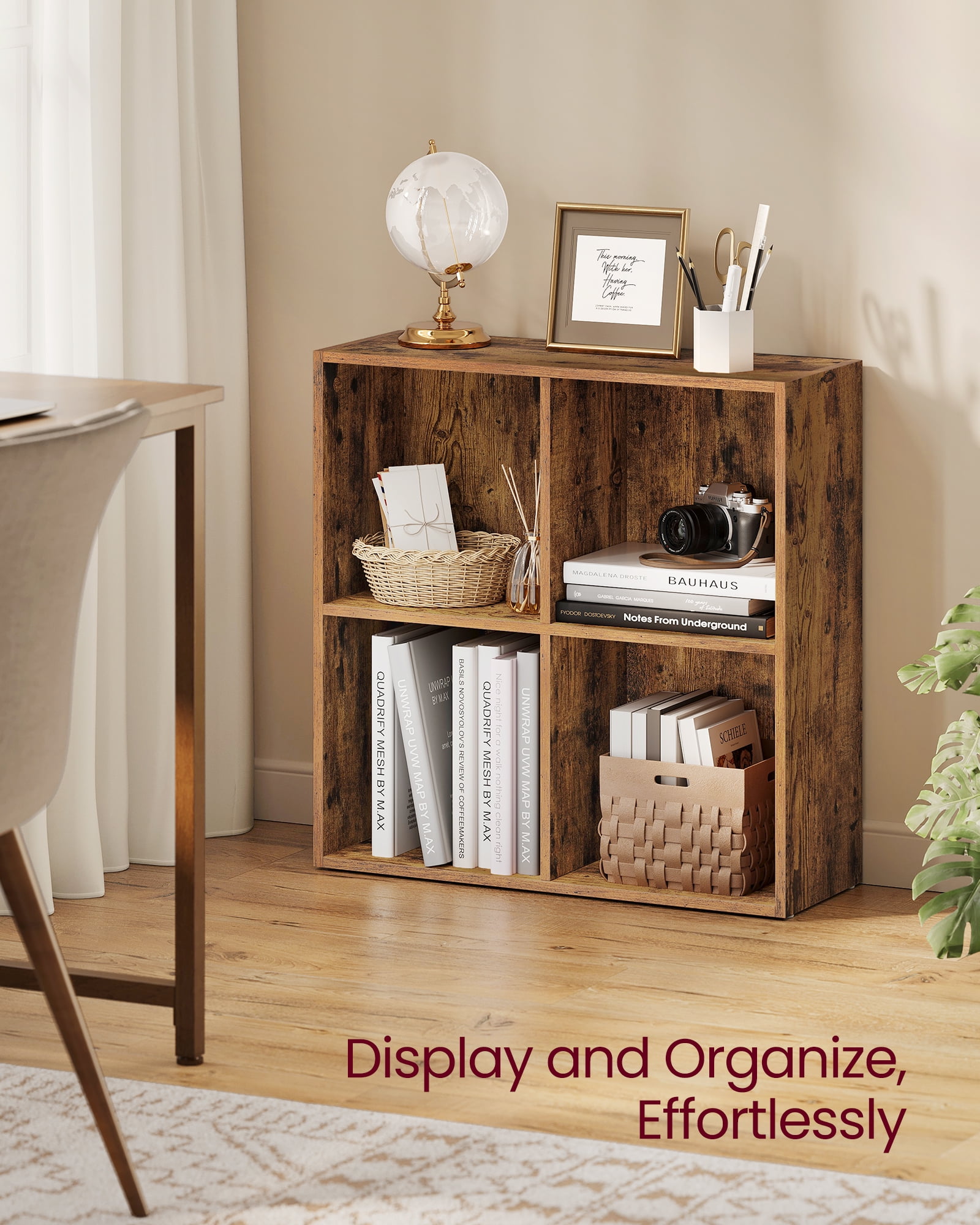 4-Cube Storage Shelf, 9.4x26x26 Inch Open Bookcase with 22 lb per Compartment, for Living Room, Home Office, Freestanding Organizer, Rustic Brown