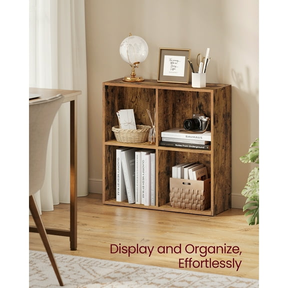 4-Cube Storage Shelf, 9.4x26x26 Inch Open Bookcase with 22 lb per Compartment, for Living Room, Home Office, Freestanding Organizer, Rustic Brown