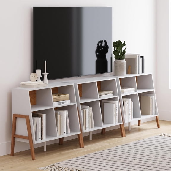 4-Cube White TV Stand with Open Cubby Shelf with Angled Design, Brown/Glossy White, Set of 3