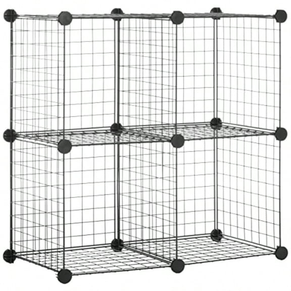 4 Cube Wire Grid Storage Organizer Closet Organizer and Shelves Stackable Space-Saving Easy to Assemble 14"x14"x14" Black