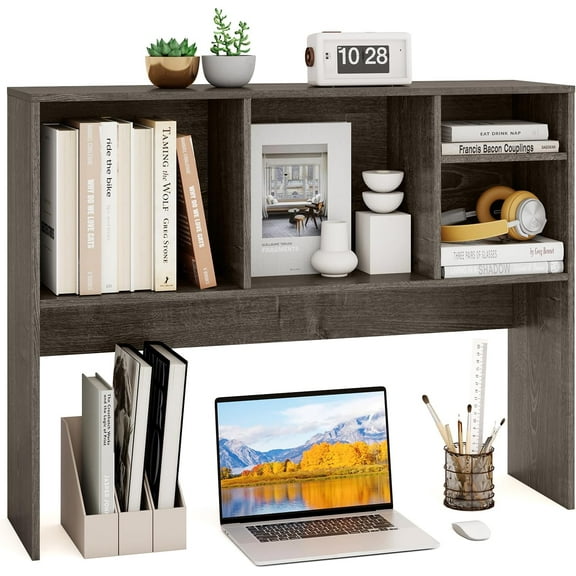 4 Cubes Desktop Bookshelf, 37” Tabletop Wood Desk Shelf for Computer Monitor, Modern Countertop Desk Display Hutch Storage Organizer Shelf for Home Office, Dorm, Study (Grey)