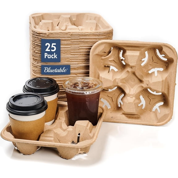 Drink Cup Carriers Disposable , 4 Cup Holders (25 Pack) Coffee Cups Trays , Paper Cardboard Holder for Delivery