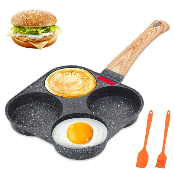4-Cup Aluminum Egg Pan, Nonstick Omelette Skillet for Breakfast Cooking Fried Eggs Pancakes, Heat Indicator & Free Scraper, Gas Induction Cookware Safe, Black