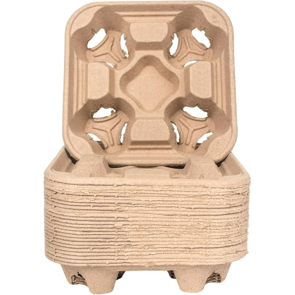 4-Cup Disposable Drink Carrier Tray - Biodegradable & Compostable Cup Holder for Hot/Cold Beverages - Ideal for Food Delivery Service, Cafes, Restaurants (75)