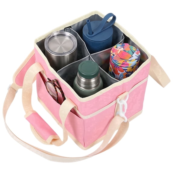 4 Cup Drink Carrier, Insulated Drink Caddy Tote Bag with Adjustable Dividers, Spill-Proof Reusable Water Bottle Holder for Car, Delivery, and Travel (Pink)