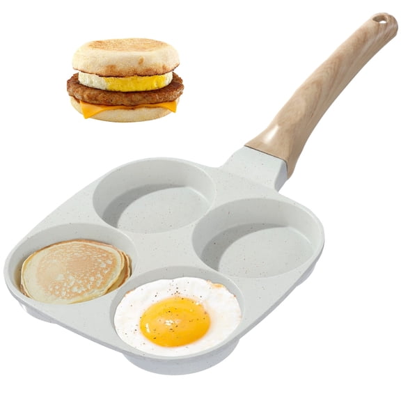 4-Cup Egg Frying Pan, 7.3 in Nonstick Pancake Pan, Egg Pan with Wood Grain Handle, Compatible with Induction Gas Stoves for Burgers Fried Eggs, Beige