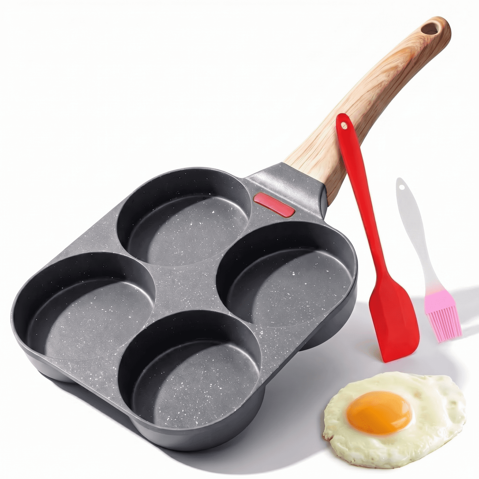4-Cup Egg Frying Pan with Silicone Brush & Spatula  Aluminum Griddle Pan for Pancakes, Omelets & Breakfast Sandwiches, Gas & Induction Compatible
