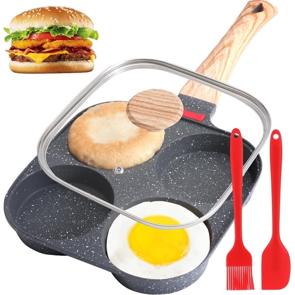 4-Cup Egg Pan, Egg Pans Nonstick, Omelette Pan with Lid , Egg Frying Pan for Breakfast, Egg Sandwich, Hamburger, Pancake, Egg Skillet Suitable for Gas Stove & Induction Cookware