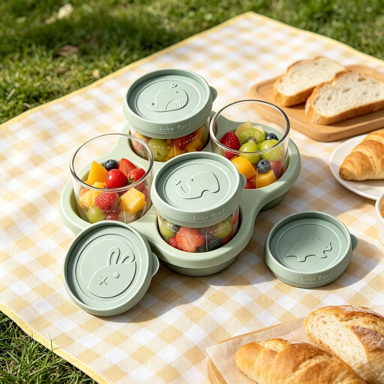 4-Cup Glass Baby Food Storage Containers with Airtight Lids, Leakproof Freezer & Microwave Safe Snack Jars with Silicone Tray