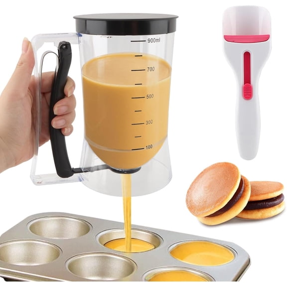 4 Cup Pancake Batter Dispenser with Cupcake Scoop Batters Dispenser,Pancake Waffl Mix Squeeze Handle & Measuring Marks,for Cupcake,Muffins, Crepes Cupcakes(black)