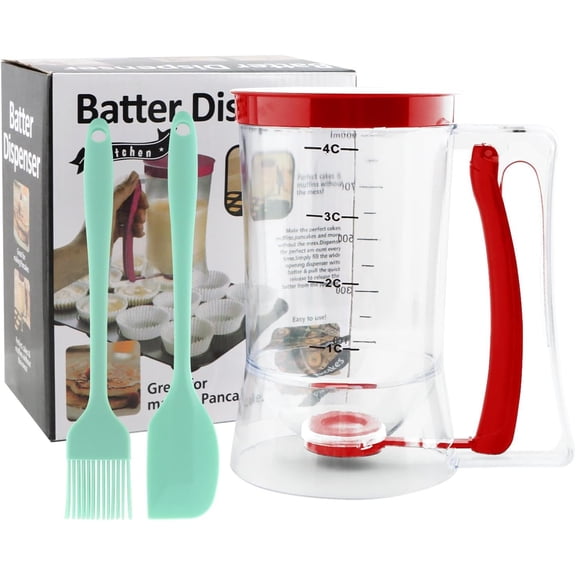 4 Cup Pancake Cupcake Batter Dispense, 900mL Dispenser With Measuring Label Squeeze Handle Bracket and Silicone brush scraper for Waffles, Muffins, Crepes & Cupcakes(Red)