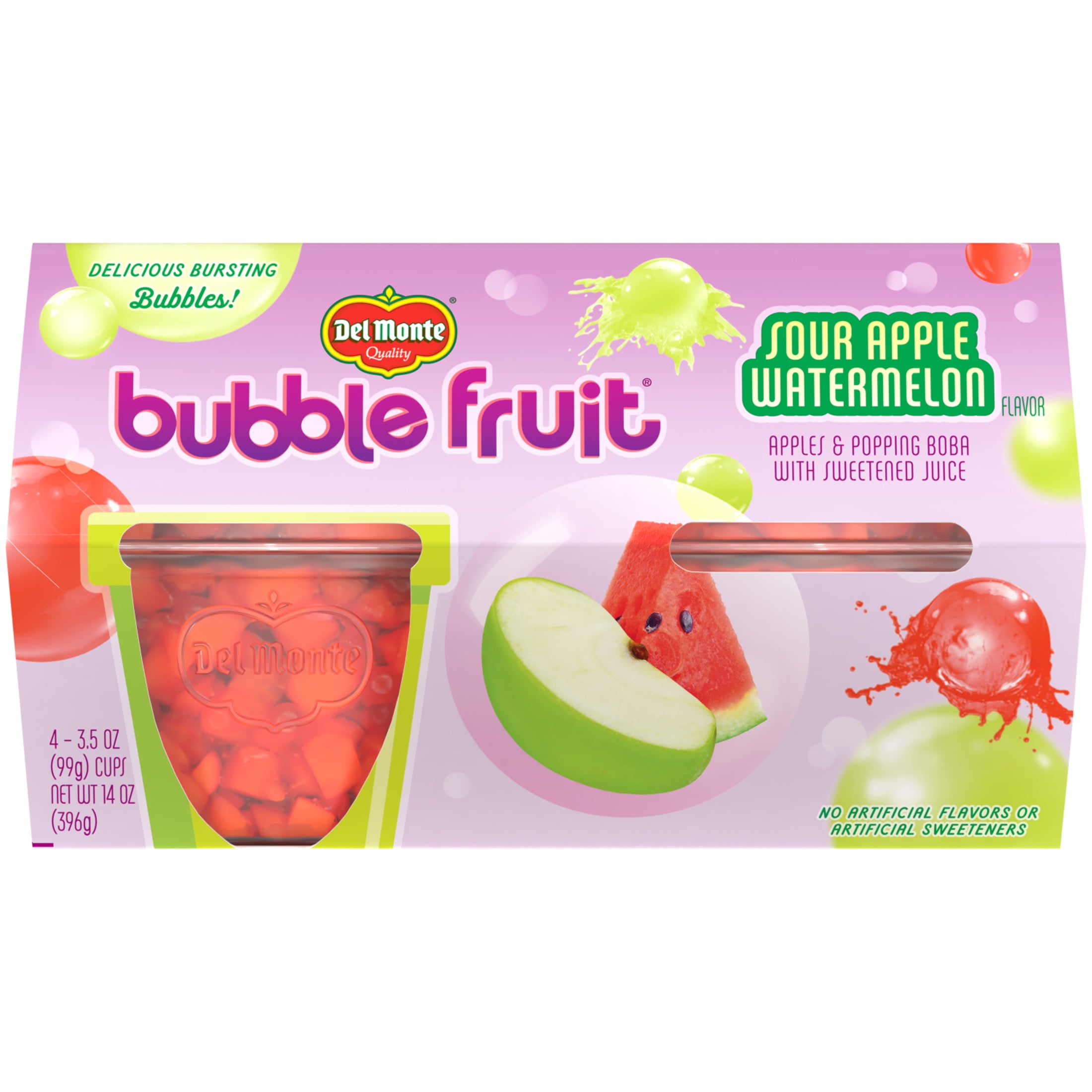 Del Monte Bubble Fruit Sour Apple Watermelon Fruit Cup Snacks 3.5 oz Cup (Pack of 4)
