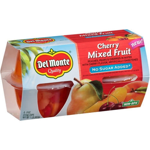 (4 Cups) Del Monte Cherry Flavor Mixed Fruit Cup, No Sugar Added, 4 oz ...