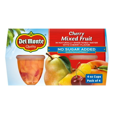 Del Monte Cherry Mixed Fruit No Sugar Added Fruit Cup Snacks 4 oz Cup (Pack of 4)