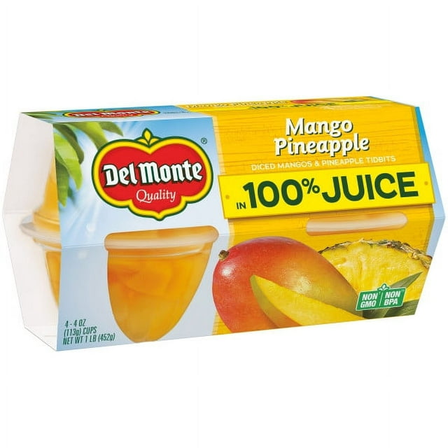 (4 Cups) Del Monte Mango Pineapple Tidbits Fruit Cups in Juice, 4 oz