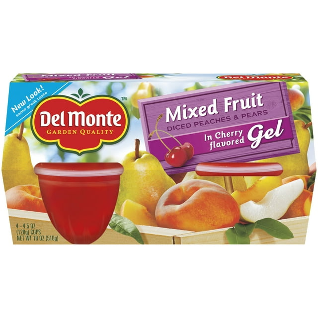(4 Cups) Del Monte Mixed Fruit, Fruit Cup Snacks in Cherry Flavored Gel