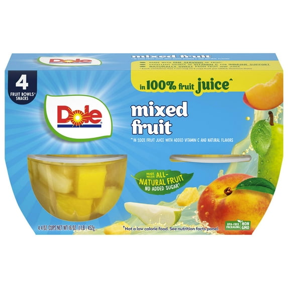 (4 Cups) Dole Fruit Bowls Mixed Fruit in 100% Fruit Juice, 4 oz
