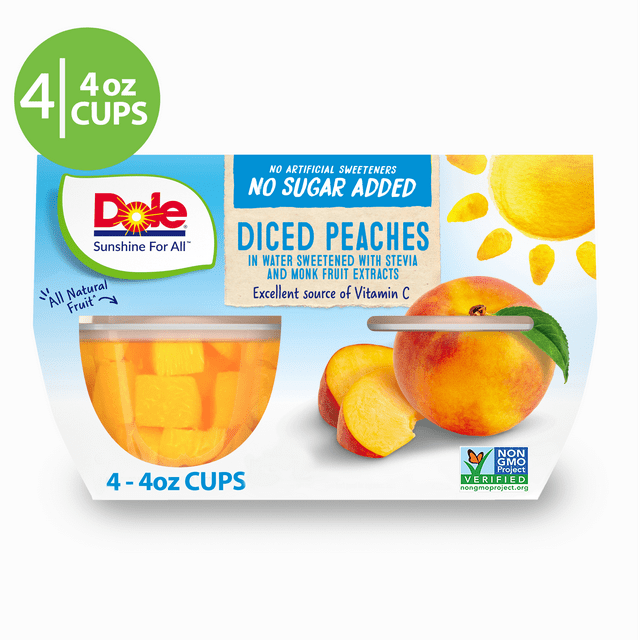 (4 Cups) Dole Fruit Bowls No Sugar Added Yellow Cling Diced Peaches in