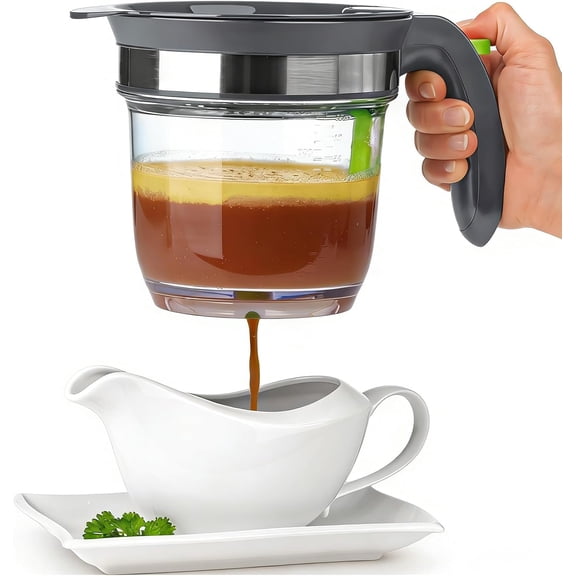 4 Cups Plastic Fat Separator with Bottom Release, Gravy Separator for Cooking, Soup&Oil Grease Strainer Measuring Cup, Kitchen Gadgets Fat Skimmer Packaged with a Garlic Press