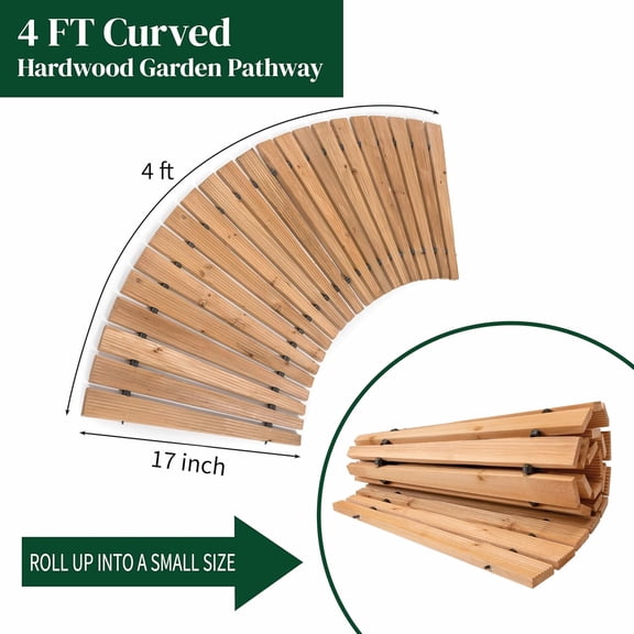 4' Curved Outdoor Wooden Pathway | 17" Wide Rollout Outdoor Garden Walkway | Weather-Resistant Hardwood Cedar Board Walkway Landscape Edging | Decorative Lawn Wedding Party