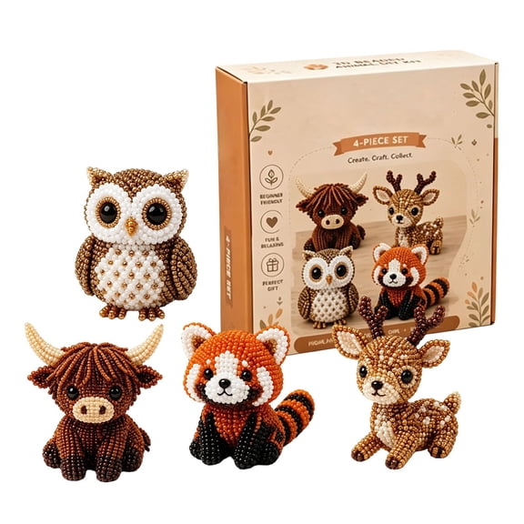 4 Cute Forest Animal 3D Beaded DIY Kit All-In-One Beading Tools Step-by-Step Guide Stress Relief Mini Figurine Craft Set For Adults Teens(Brown-6cm)