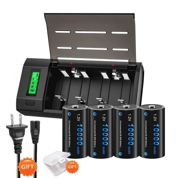 4 D Size High Capacity Low Self Discharge 1.2v Ni-MH Rechargeable Batteries with 4 Bay Smart Intelligent LCD Display Battery Charger For 1.2V AA AAA C D Size 9V Ni-MH Ni-CD Rechargeable Battery
