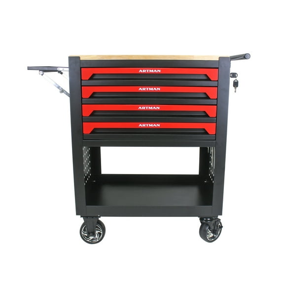 4 DRAWERS MULTIFUNCTIONAL TOOL CART WITH WHEELS AND WOODEN TOP