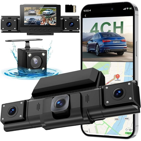 4 Dash Cam,360? -Around View Front Rear Left Right Inside Camera,3" IPS Screen,4-Way Dash Cam with 24H Parking Mode,Built-in GPS,8 IR Night Vision,G-Sensor,Free TF Card Included