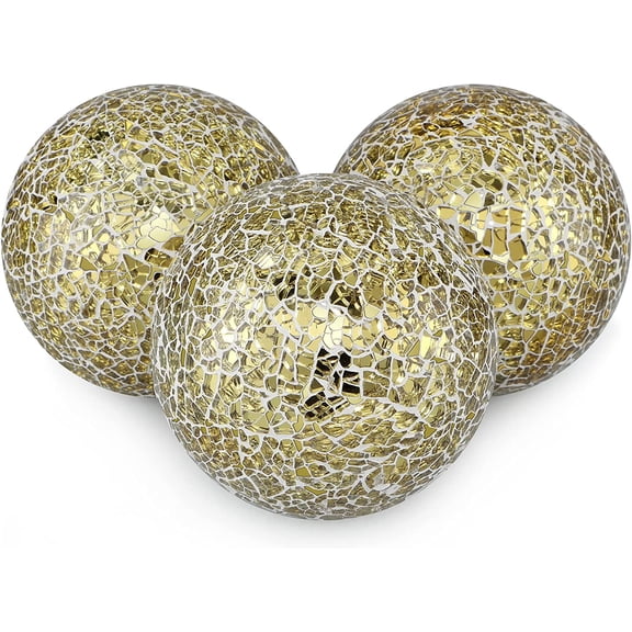 4" Decorative Orbs, Mosaic Sphere Balls, Centerpiece Balls for Bowls, Vases, Dining Table Decor, Pack of 3 (Gold)