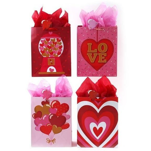 4 Design Happy Hearts Valentine Gift Bags, Extra Large - Case of 108