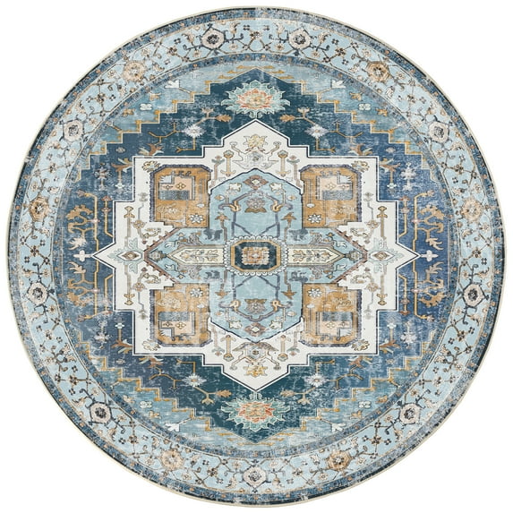 4'Diameter Washable Area Rugs for Living Room,Traditional Vintage Thin Rugs,Non-Slip Persian Carpet,Sky Blue