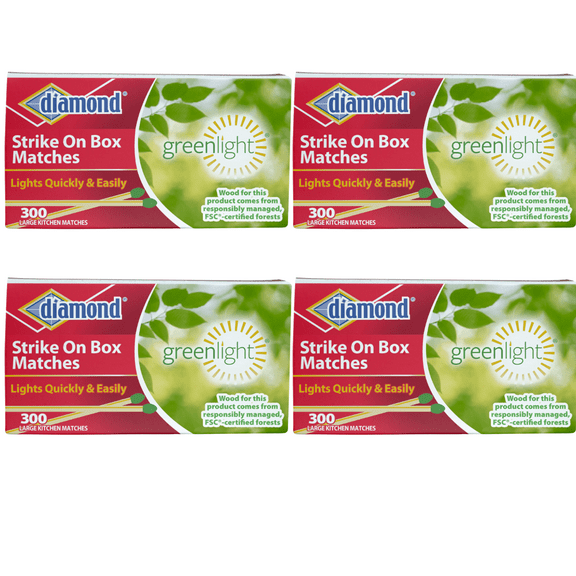 (4) Diamond Greenlight Strike Wooden Matches (1200 Sticks) Extra Long & Thick Longer Time, Lights Quick and Easily great for Home Grills, Candle, BBQ Outdoor Camping & Emergency Kit 300-ct
