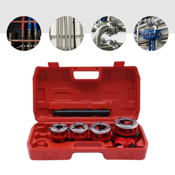 4 Die Heads Ratchet Pipe Threader Iron Pipe Threading Kit 1/2''-1-1/4'' BSPT Plumber Set Red