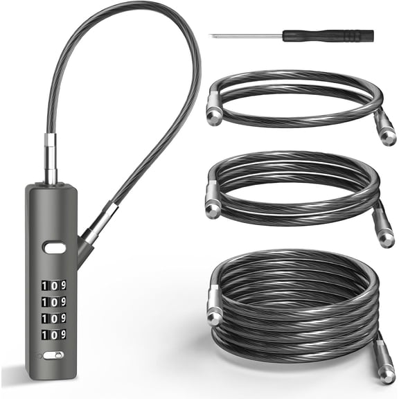 4-Digit Combination Cable Lock with 3 Steel Cables (9"/24"/47") - Secure Only with Current Code - for Bike, Luggage, Gate, Shed, Cabinet - Gun Grey, 1 Pack
