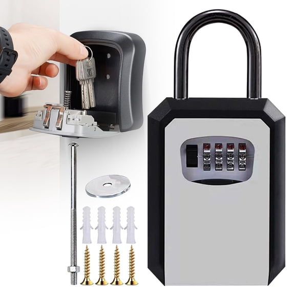 4 Digit Combination Key Lock Box, Secure Outdoor Key Storage Safe with Mounting Hardware, Weatherproof Resettable Password Key Holder for Home
