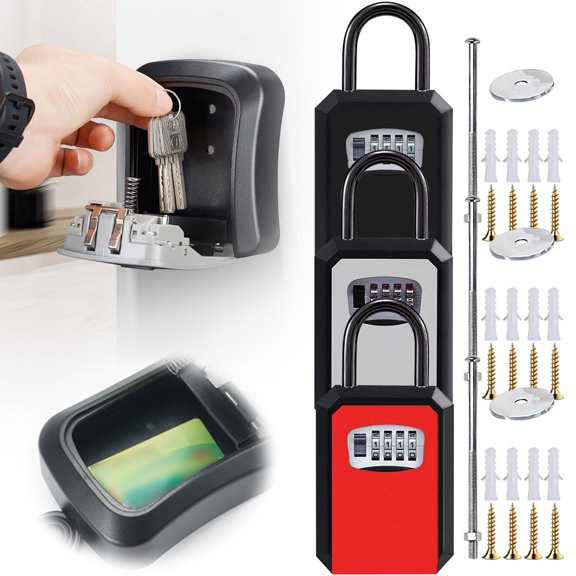 4 Digit Combination Key Lock Box, Secure Outdoor Key Storage Safe with Mounting Hardware, Weatherproof Resettable Password Key Holder for Home