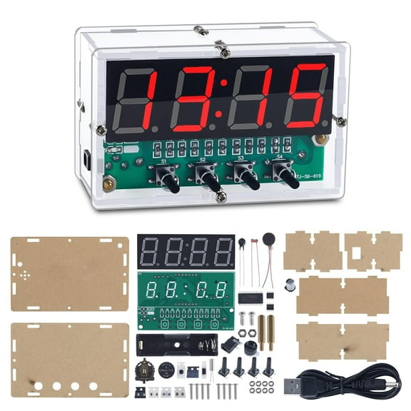 4-Digit Rechargeable DIY Digital Clock Kit, SMD SMT Electronics Clock Soldering Practice Kit Light-Controlled Alarm Clock Soldering Projects for School Learning and Home Office Use