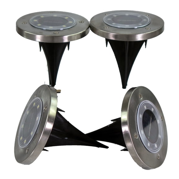 4 Disc Solar Powered Path Ground Lights 8 Ultra Bright LED's With Light Diffusing Lens - Outdoor/Indoor IP65 Waterproof Garden Landscape Spike Yard Lights - 4 Pack