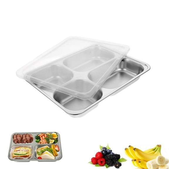 4 Divided Plate Tray,QZS Portion Control Plate,Dinner Container with Lid for Adults Weight Loss,1 Pack 4 Sections Rectangular Snack Tray