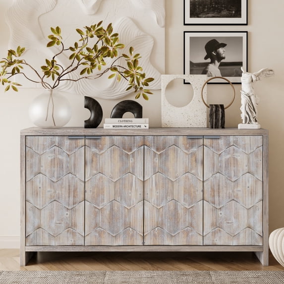 4-Door Accent Cabinet, Adjustable Storage Shelves, Hexagonal Pattern Doors, Natural Wood Wash Fir Wood & MDF, for Multi-Space Use