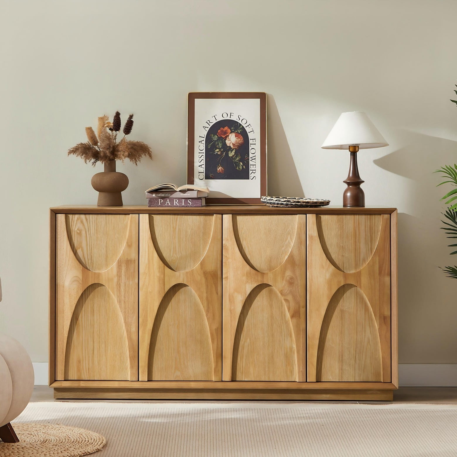 4 Door Accent Cabinet with Adjustable Shelves, Ash Veneer Sideboard Storage Cabinet, Push-to-Open Doors & Cable Management, Natural