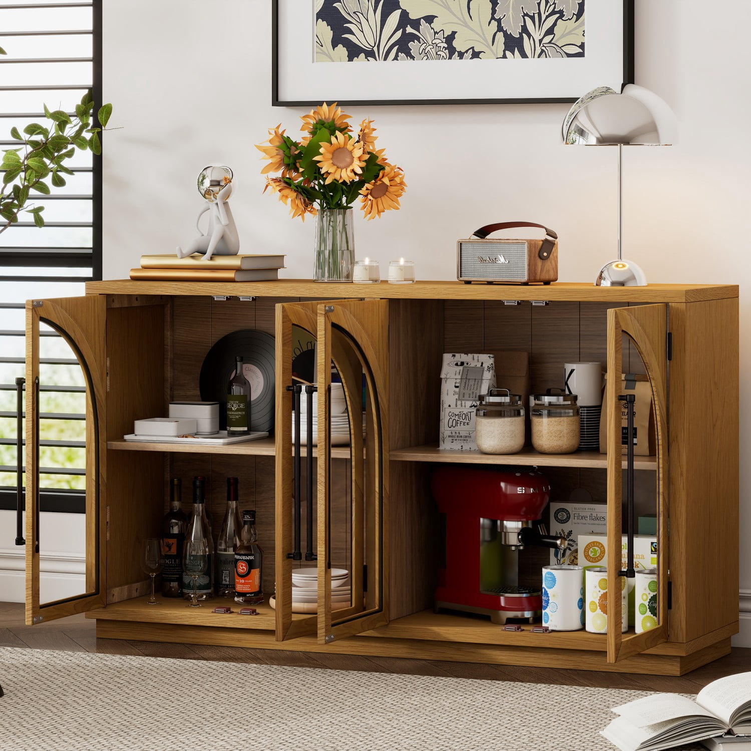 4-Door Arched Glass Sideboard Buffet Cabinet, Retro Storage Credenza with Adjustable Shelves, Cable Holes, Wood Veneer Cabinet for Dining Living Room, Natural