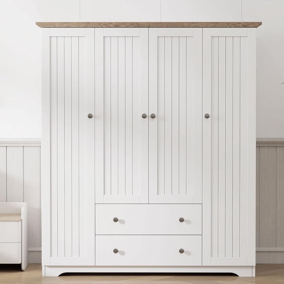 4 Door Armoire Wardrobe Closet with 2 Drawers, Wood Freestanding Closet Wardrobe Cabinet with Hanging Rods, Armoire Clothes Storage Cabinet with Shelves for Bedroom/Guestroom, White
