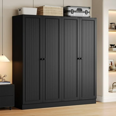 4 Door Armoire Wardrobe Closet with 2 Drawers,Adjustable Shelves & Hanging Rods,63" W Wood Clothes Cabinet Organizer for Bedroom,Black