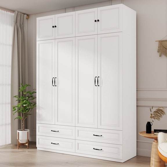 LABROSKIA 4 Door Armoire Wardrobe Closet with Top Cabinet, 88'' Wardrobe Armoire with 4 Drawers, Large Modern Bedroom Wardrobe