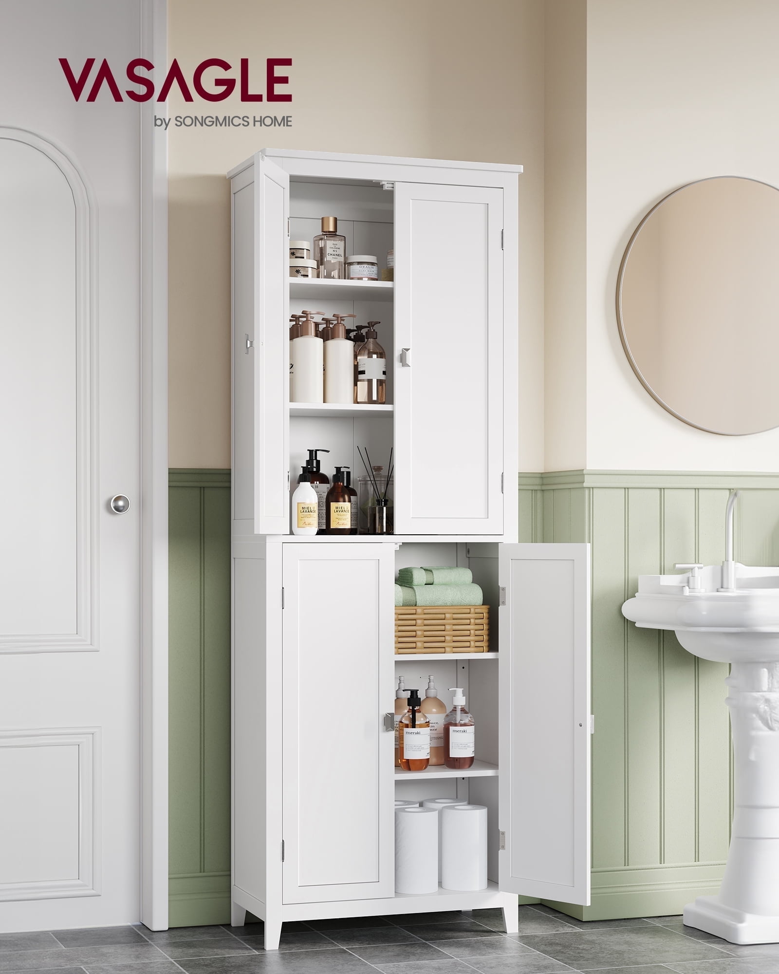 4-Door Bathroom Storage Cabinet with Adjustable Shelves, Freestanding Organizer Unit for Home, 11.8 x 23.6 x 66.9 Inches,White