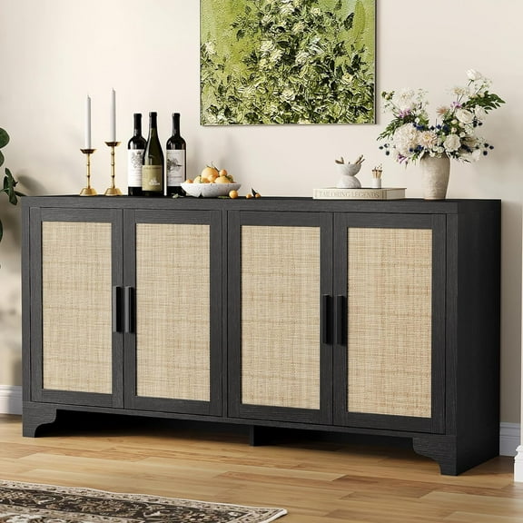 4-Door Black Rattan Sideboard Buffet Cabinet – Boho Entryway Console Table, Coffee Bar Station for Dining Room, Living Room, Kitchen
