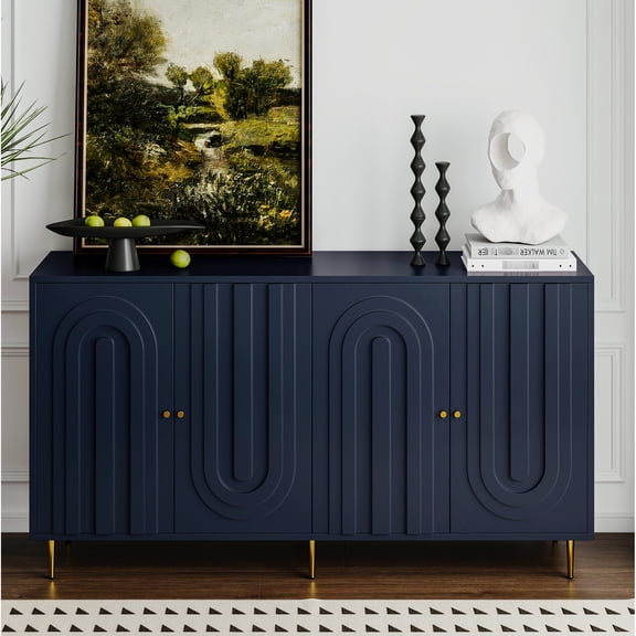 4 Door Blue Cabinet With Lacquered Surface. For Kitchen, Office. Adjustable Shelves, Modern Wooden In Lacquer Finish - For Kitchen And Living Room
